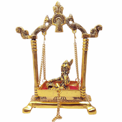 KridayKraft Laddu Gopal on Jhulla Palana Metal Statue Gold Plated Decor Your Home,Office Metal Krishna Murti,Showpiece Figurines,Religious Idol Gift Article.
