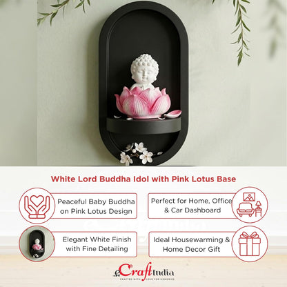 eCraftIndia White Lord Buddha Idol in Pink Lotus Base | Baby Buddha Statue for Car Dashboard Office Home Decor | Gift for Diwali Housewarming Birthday