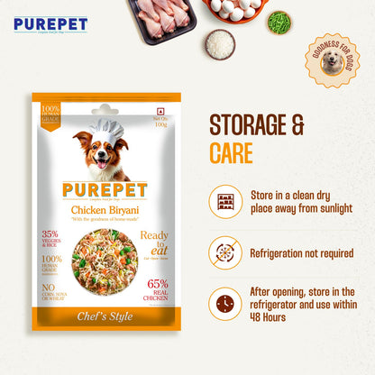 Purepet Fresh Dog Food Chicken Biryani, for Adult & Puppy, 100gm | High Protein, 65% Real Chicken, 35% Veggies & Rice | No Preservatives | Ready to Serve | All Breeds | One Pack One Meal