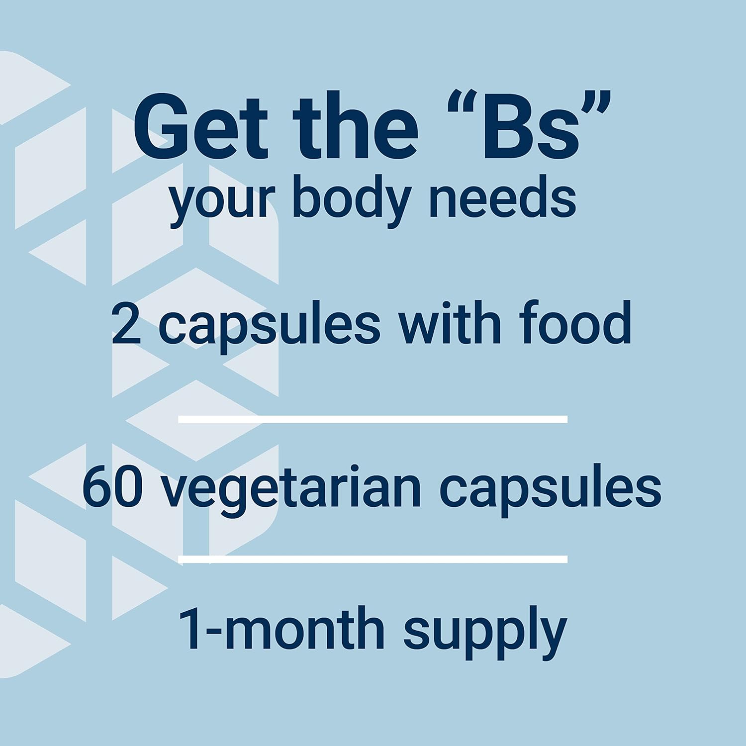 Promotional text for a vitamin supplement on a light blue background with geometric shapes.