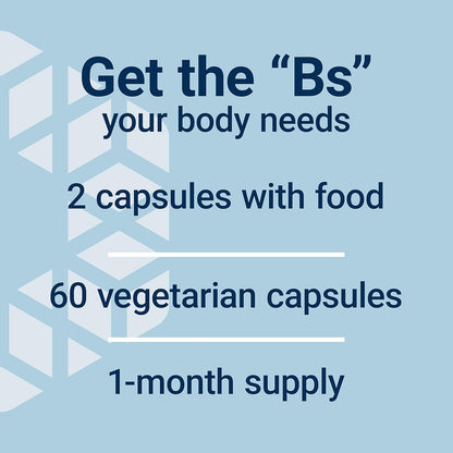 Promotional text for a vitamin supplement on a light blue background with geometric shapes.