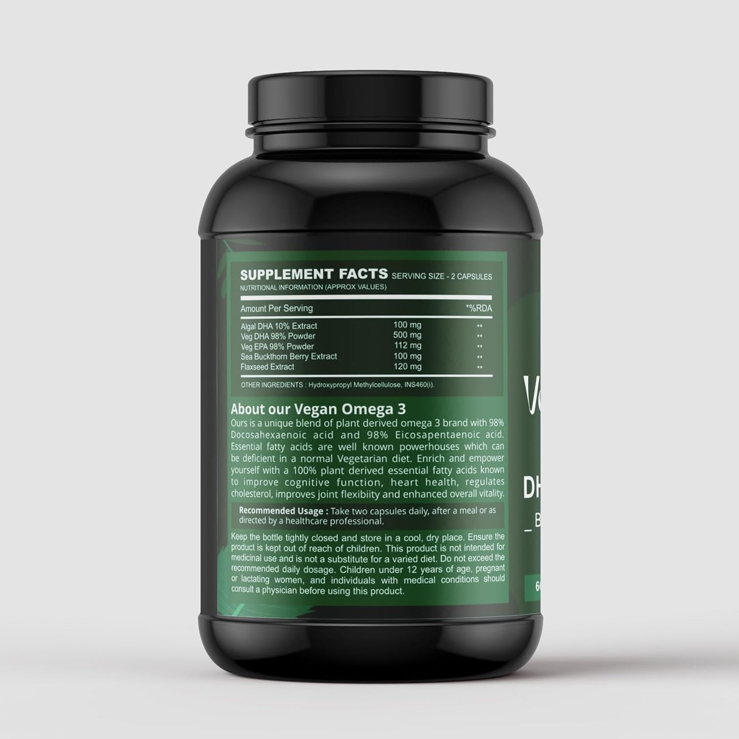 VITAL LIFE Vegan Omega 3 Vegetarian Capsules, 60 Caps | 98% DHA & EPA, Sea Buckthorn Berry, Algal DHA & Flaxseed Extract, Heart, Brain, Joint & Skin Health