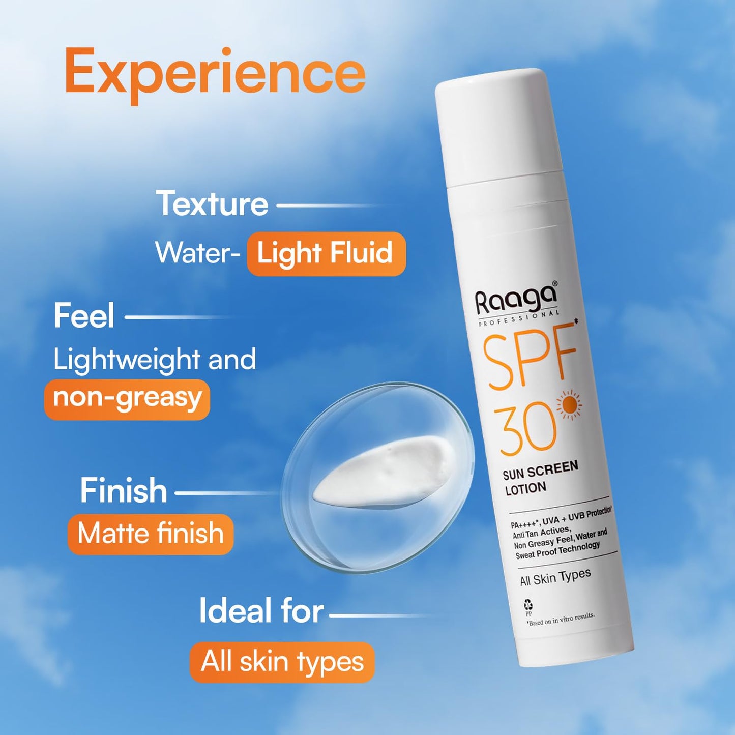 Raaga SPF 30 sunscreen lotion bottle with product features on a blue sky background