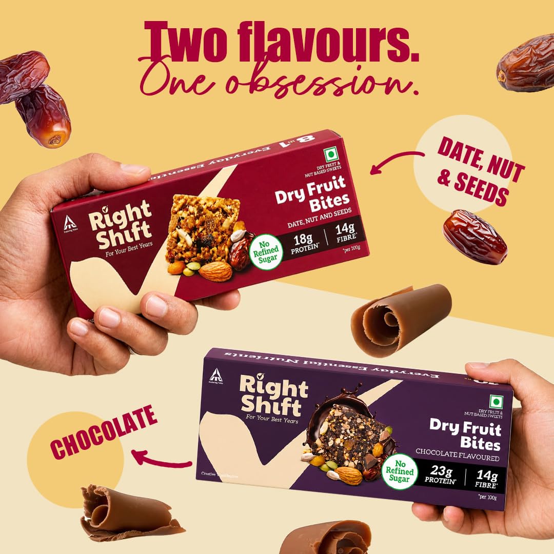 Right Shift Dry Fruit Bites, 18g Protein, 14g Fibre, No Refined Sugar, Lactose Free, No Palm Oil, Date Nut and Seeds, 160g