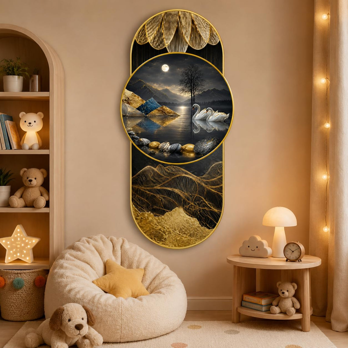 Swan Lake Landscape Wall Painting for Living Room, Bedroom & Kids Room Decor, Black Gold Nature Artwork with Moon, Mountains & Premium PVC Golden Frame (16 x 35 Inch)
