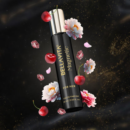 Bellavita Magnetic Eau de Parfum bottle with cherries and flowers on a dark background