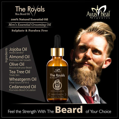 Advertisement for 'The Royals' beard oil with a man with a beard and product details.