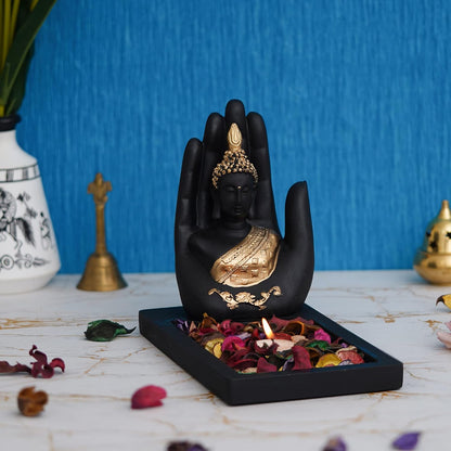 eCraftIndia Black Golden Resin Palm Buddha Idol Showpiece Potpourri Tea Light Candle Holder| Lord Buddha Statue Tea Light Holder| Diwali Decoration Items for Home Decor| Gift for Diwali Housewarming