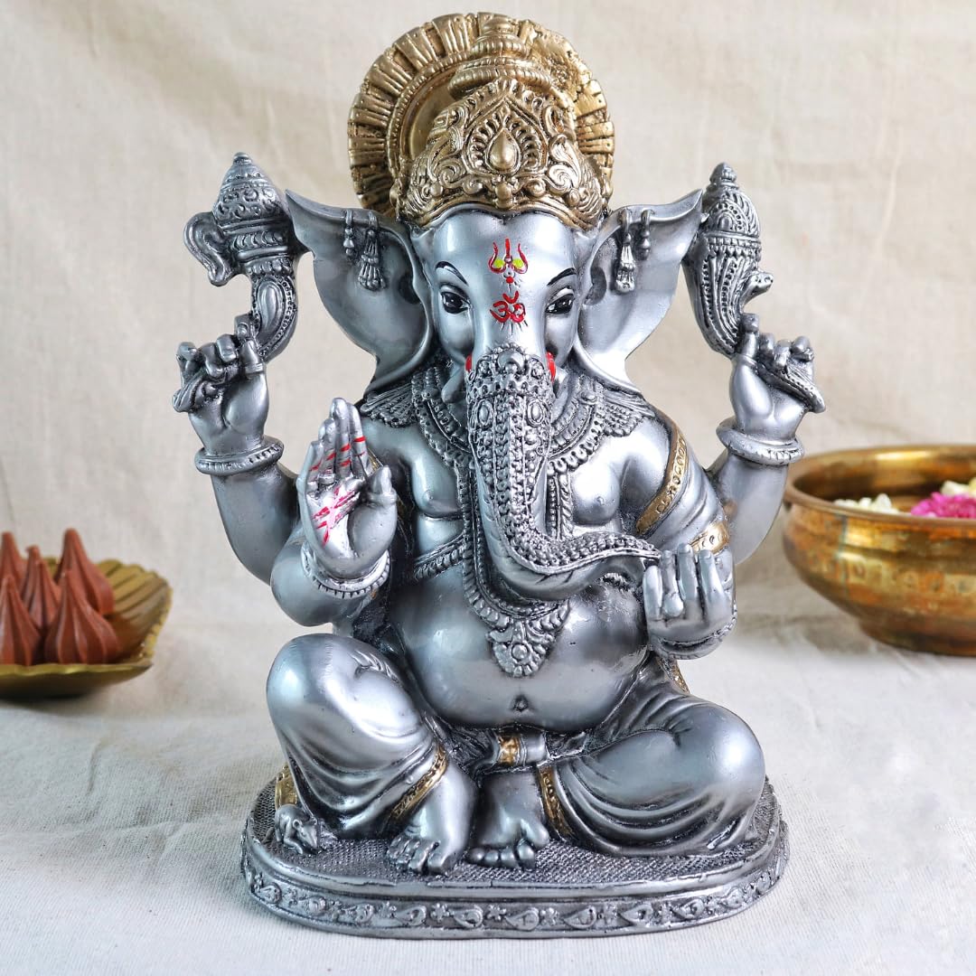 Ganesh Ji Decoration Items for Home | 8 Inch | Murti | Ganpati Idol | Ganesha Idols | Silver & Golden | Ideal for Gifting | Pooja Room |
