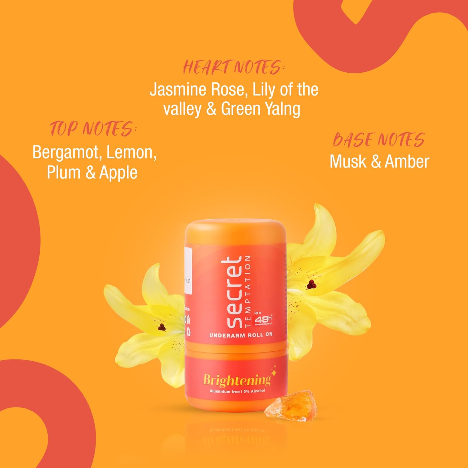 Secret Underarm Roll-On with floral elements and fragrance notes on an orange background