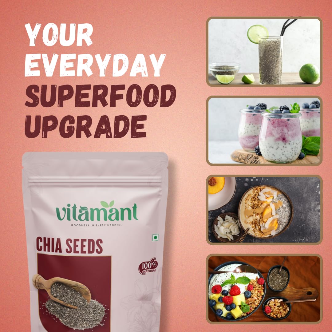 Vitamant Premium Raw Chia Seeds | Natural, Vegan & Gluten-Free | Rich in Omega-3, Fiber & Protein | Energy-Boosting Superfood for Weight Loss & Heart Health – 200g