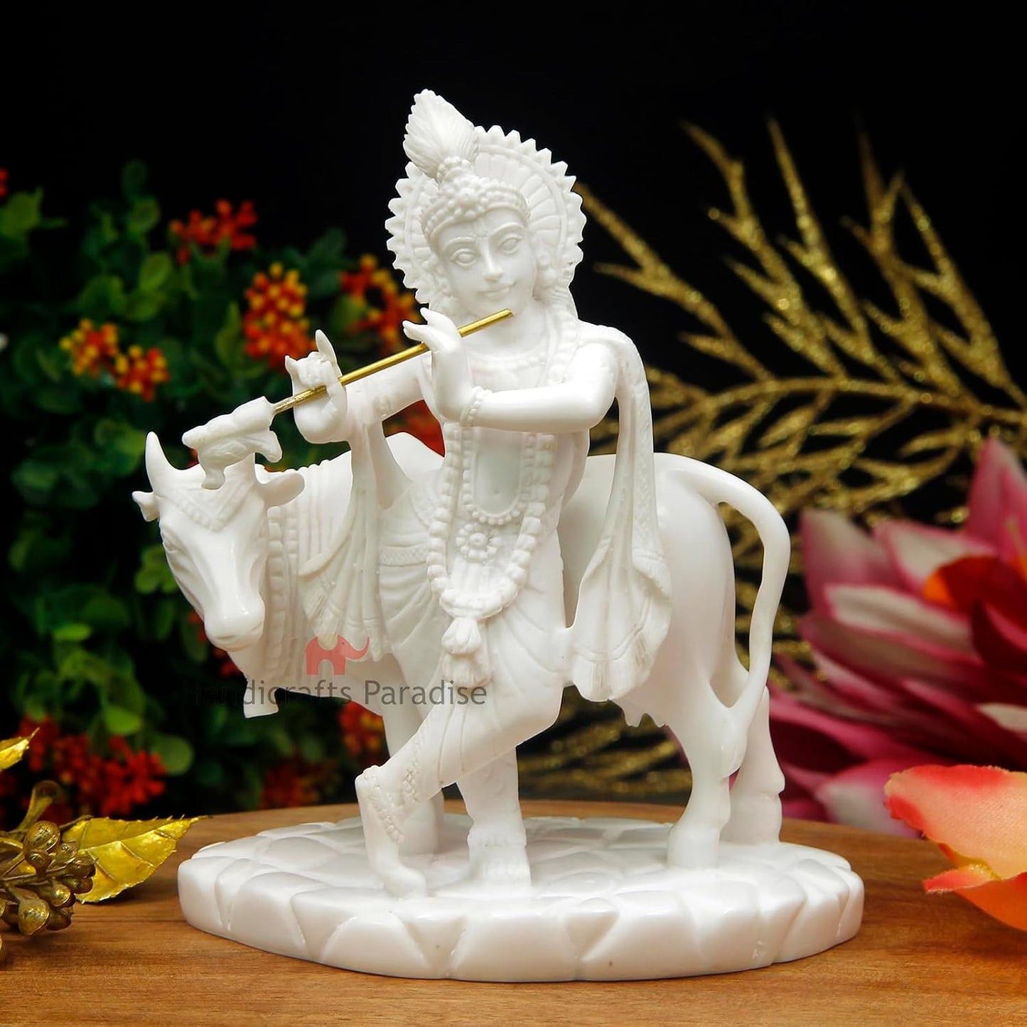 Handicrafts Paradise Carved in Resin Krishna with Cow - 5.5 Inch