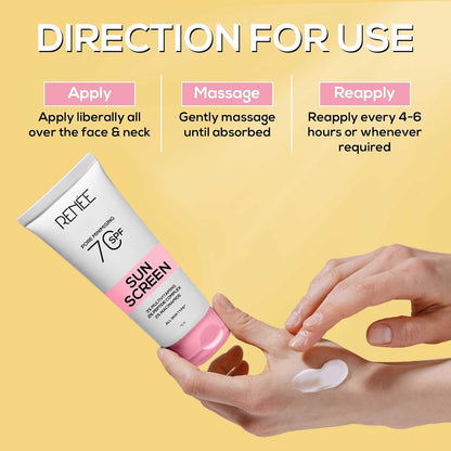 Sunscreen tube with application instructions on a yellow background