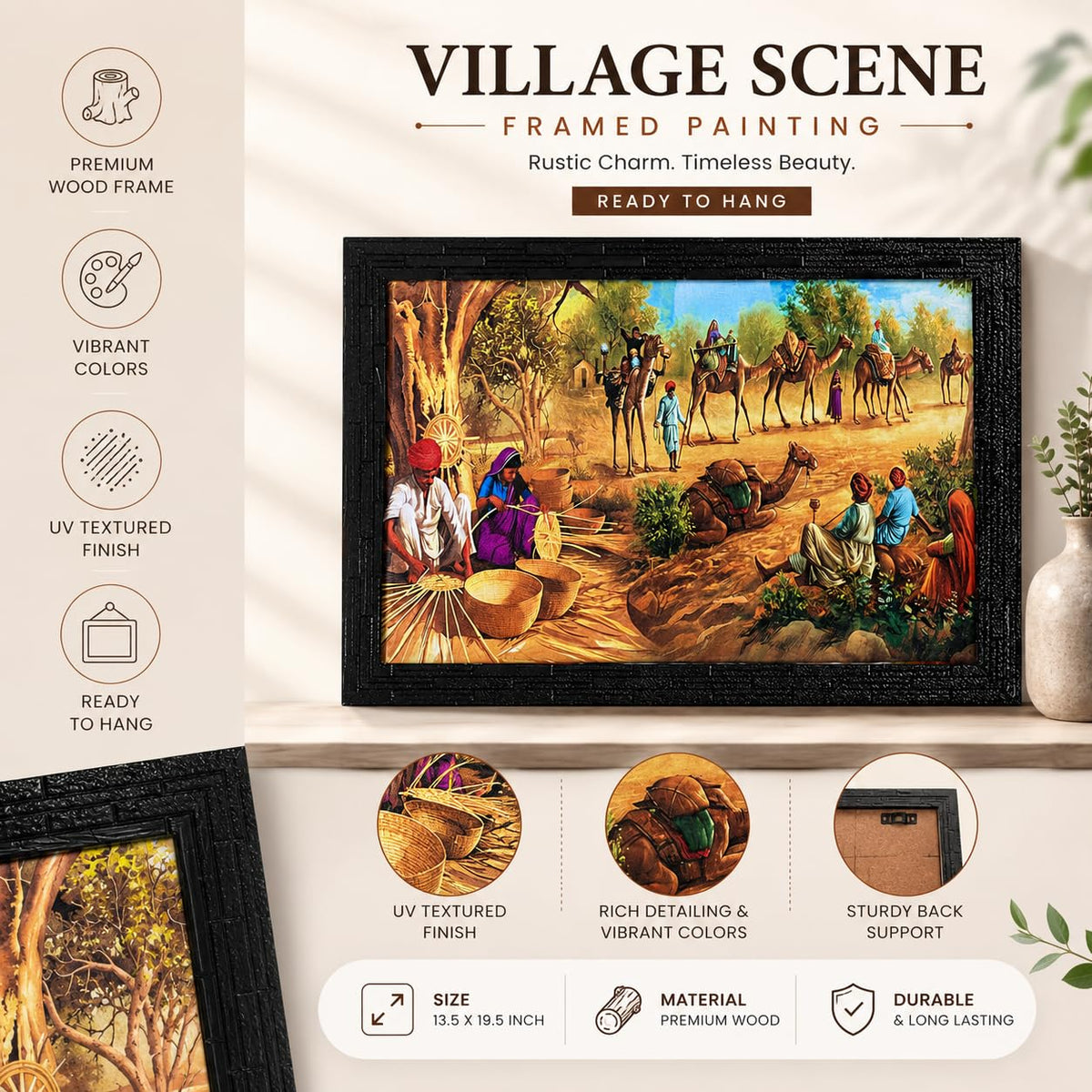 Wood Village Scene Art Framed Painting| Ready To Hnag - (13.5 X 19.5 Inch, Multicolor)