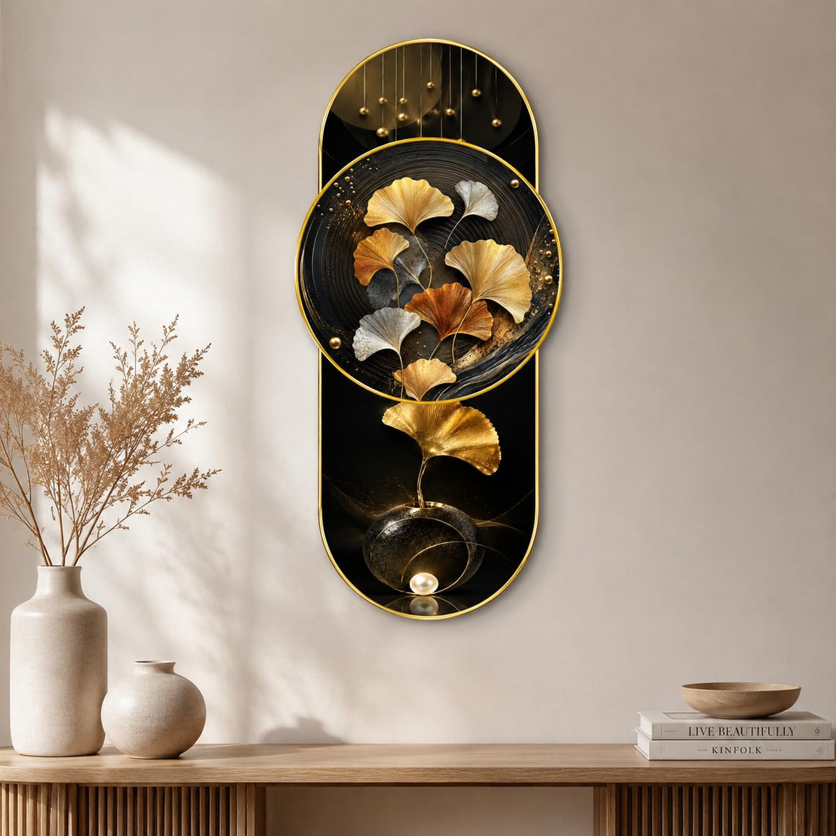 Luxury Ginkgo Leaf Wall Painting for Living Room, Bedroom & Hallway Decor, Black Gold Abstract Floral Artwork with Premium PVC Golden Frame (16 x 35 Inch)