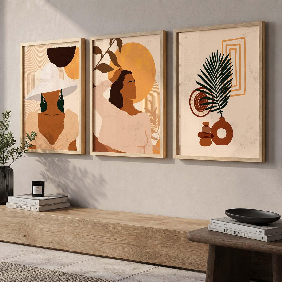 Decorative Modern Wall Art Home Decor Boho Painting poster With Frame For Living Room Bed Room Hotel Wall Decor Digital Reprint Set of 3 (13x17 inch)
