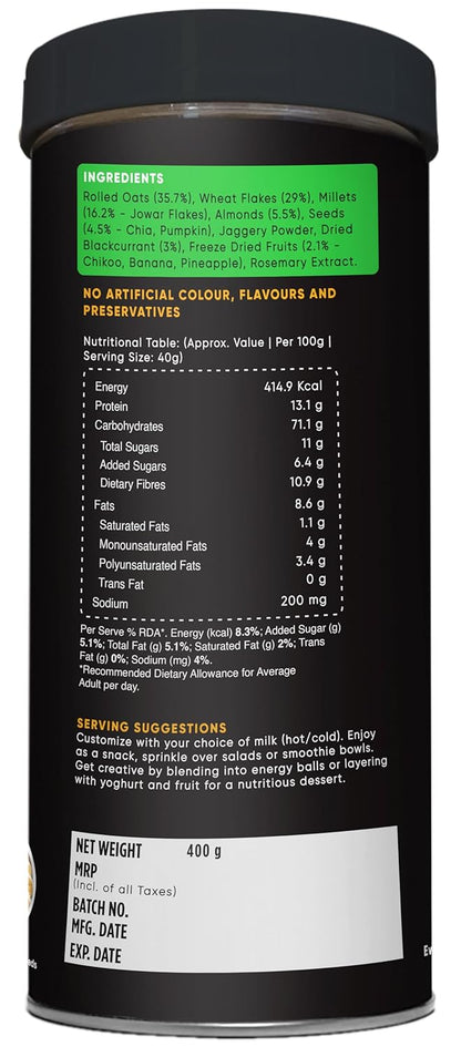 True Elements Muesli Fruits, Nuts & Seeds 400gm - Breakfast Cereal | 100% Wholegrain | Muesli with Freeze Dried Fruits