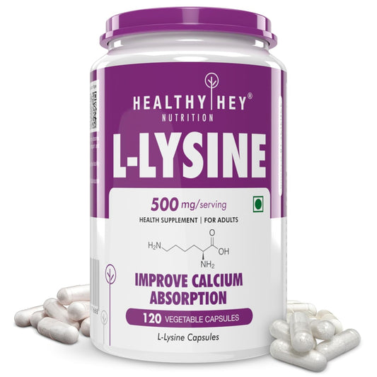 L-Lysine supplement container with white pills on a white background