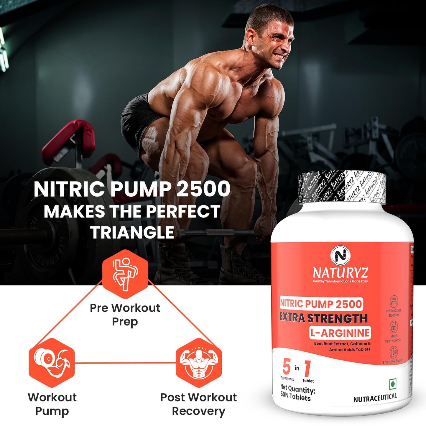 Muscular man lifting weights with a supplement bottle labeled 'Naturyz Nitric Pump 2500' in a gym setting.