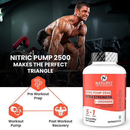Muscular man lifting weights with a supplement bottle labeled 'Naturyz Nitric Pump 2500' in a gym setting.