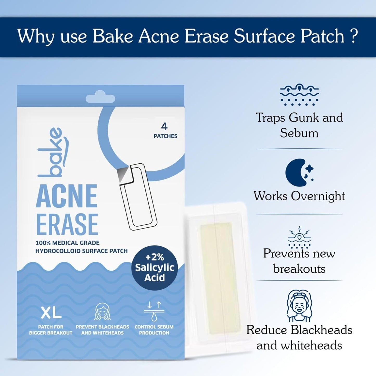 BAKE 2% Salicylic Acid Hydrocolloid Acne Absorbing (4 Patches) Surface Patch XL Pimple Patches for Blackheads Removal | Large Acne Erase Strips | Pore Cleansing & Reduces Whiteheads (4 Strips)