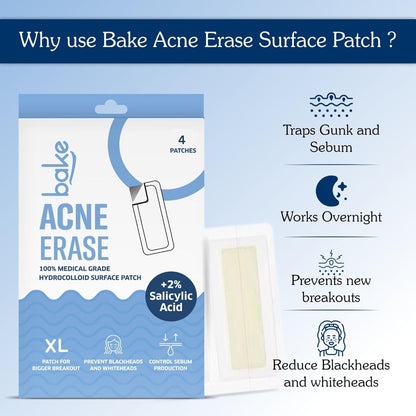 BAKE 2% Salicylic Acid Hydrocolloid Acne Absorbing (4 Patches) Surface Patch XL Pimple Patches for Blackheads Removal | Large Acne Erase Strips | Pore Cleansing & Reduces Whiteheads (4 Strips)