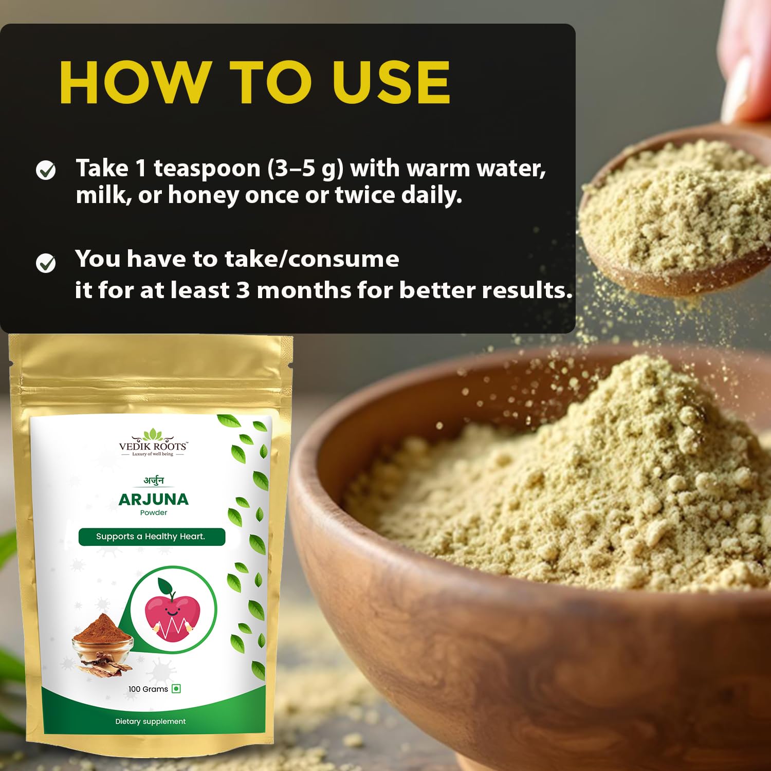 Arjuna powder packaging with usage instructions and a bowl of powder.