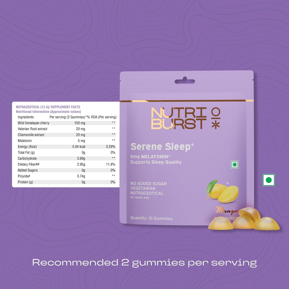 Nutriburst Serene Sleep 5MG Melatonin Gummies for Quality Deep Sleep, Fresh Wake Up | No Stress & Anxiety | Natural Non-Addictive, Non Habit Forming Sleep-Aid | Mango Flavor | 10 Gummies