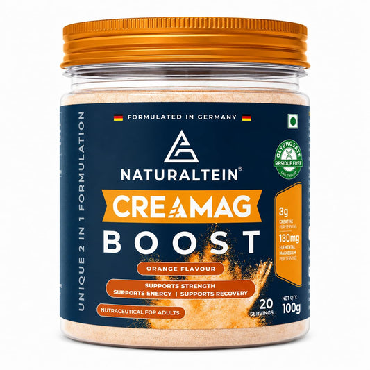 Naturaltein Creamag Boost Creatine 3g + Magnesium Bisglycinate 130mg Supplement Powder, Orange Flavour, Supports Strength, Energy & Recovery, 100g (20 Servings)