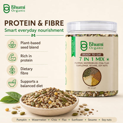 Bhumi Organic 7 in 1 Seeds Mix 300g | Pumpkin, Watermelon, Sunflower, Flax, Chia, Sesame & Soynuts, Edible Seeds, Healthy Diet Snacks, 100% Natural