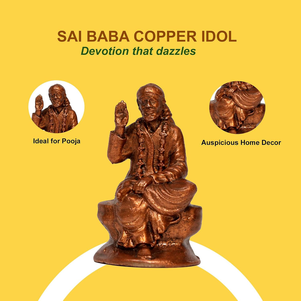Pure Copper Sai Baba Murti | Handcrafted Copper Idol for Pooja Room, Vastu Decor | Traditional & Auspicious Religious Hindu God Showpiece & Gift Item | 70gm (5x3.5 cm)