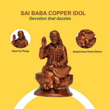 Pure Copper Sai Baba Murti | Handcrafted Copper Idol for Pooja Room, Vastu Decor | Traditional & Auspicious Religious Hindu God Showpiece & Gift Item | 70gm (5x3.5 cm)