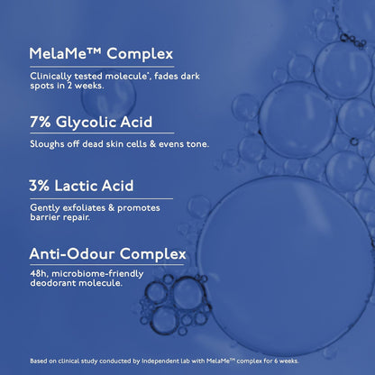 Product description card for MelaMe Complex with chemical components on a blue background