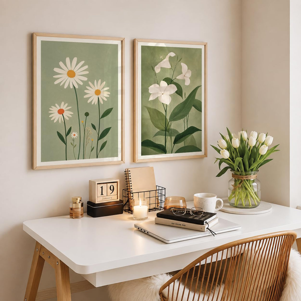 Green Floral Wall Art Set of 2 | Living Room (DGN03-Natural10x13 inch)