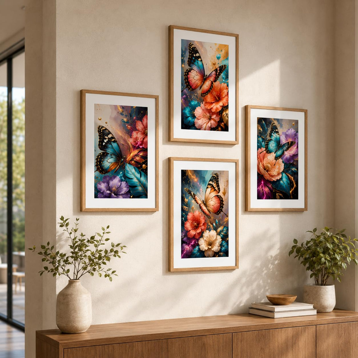 Set of 4 Butterfly Floral Wall Paintings with Sparkle Laminate and Premium Wooden Synthetic Frame for Living Room Bedroom Office Decor (13.5 x 19.5 Inch)