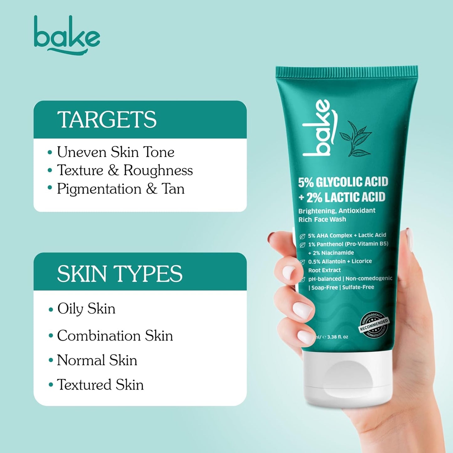 BAKE 5% Glycolic Acid Face Wash for Dark Spots & Pigmentation | For Tan Removal & Dull Skin | Daily Brightening & Glowing Face Wash - 100ml