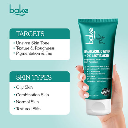 BAKE 5% Glycolic Acid Face Wash for Dark Spots & Pigmentation | For Tan Removal & Dull Skin | Daily Brightening & Glowing Face Wash - 100ml
