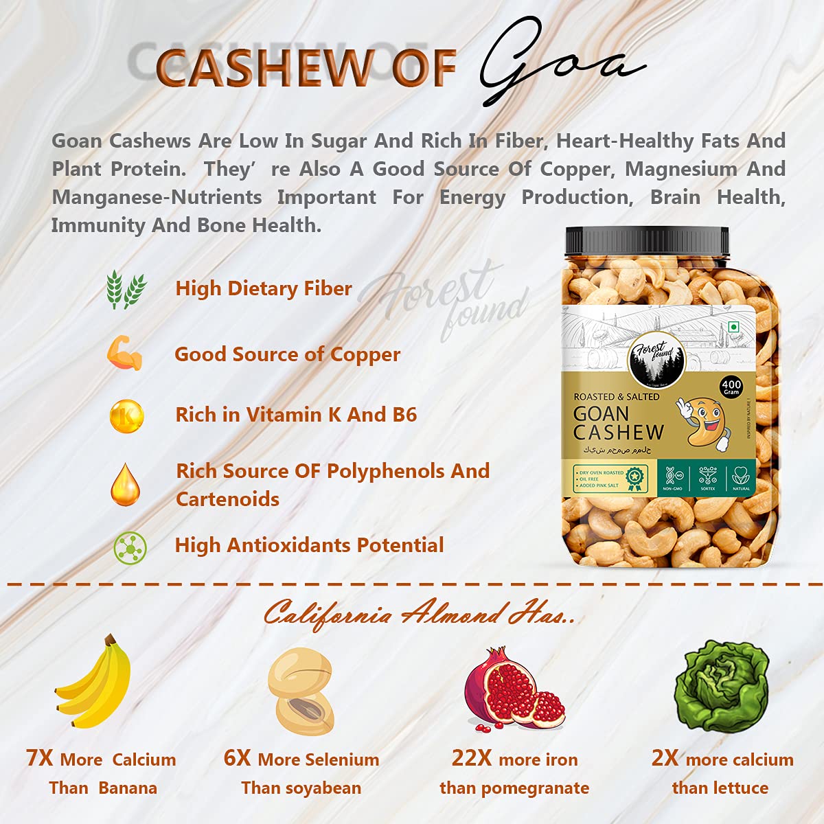 Forest Found Oven Roasted Cashews | Premium W320 Grade Whole Kaju Dry, Oil-Free & Low Sodium | Crunchy Healthy Vegan Snack - Gluten-Free | Cashew Nuts