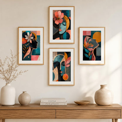 Set of 4 Abstract Face Floral Wall Paintings with Sparkle Laminate and Premium Wooden Synthetic Frame for Living Room Bedroom Office Decor (13.5 x 19.5 Inch)