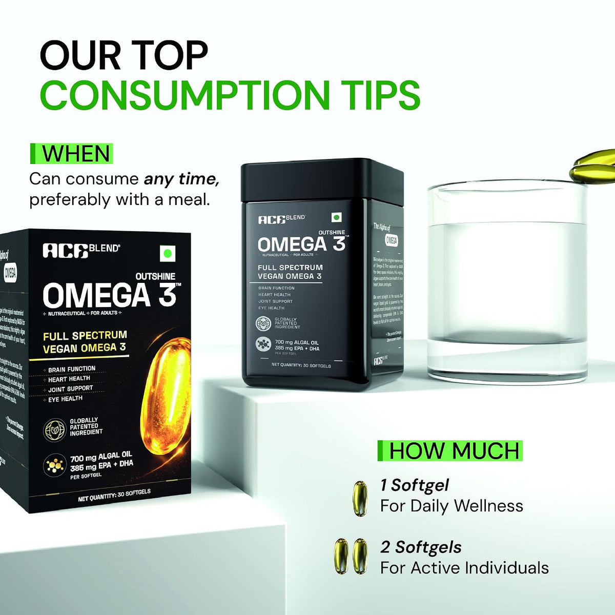 Ace Blend Outshine Omega 3 Vegan with 385mg EPA + DHA per Softgel | Full Spectrum Algal Oil | 700mg Algal Oil | Plant-Based Omega 3 Supplement | For Men & Women | 30 Softgels