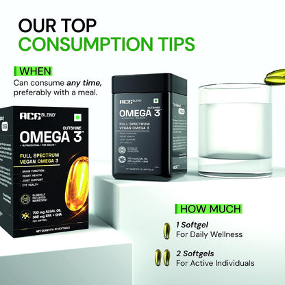 Ace Blend Outshine Omega 3 Vegan with 385mg EPA + DHA per Softgel | Full Spectrum Algal Oil | 700mg Algal Oil | Plant-Based Omega 3 Supplement | For Men & Women | 30 Softgels