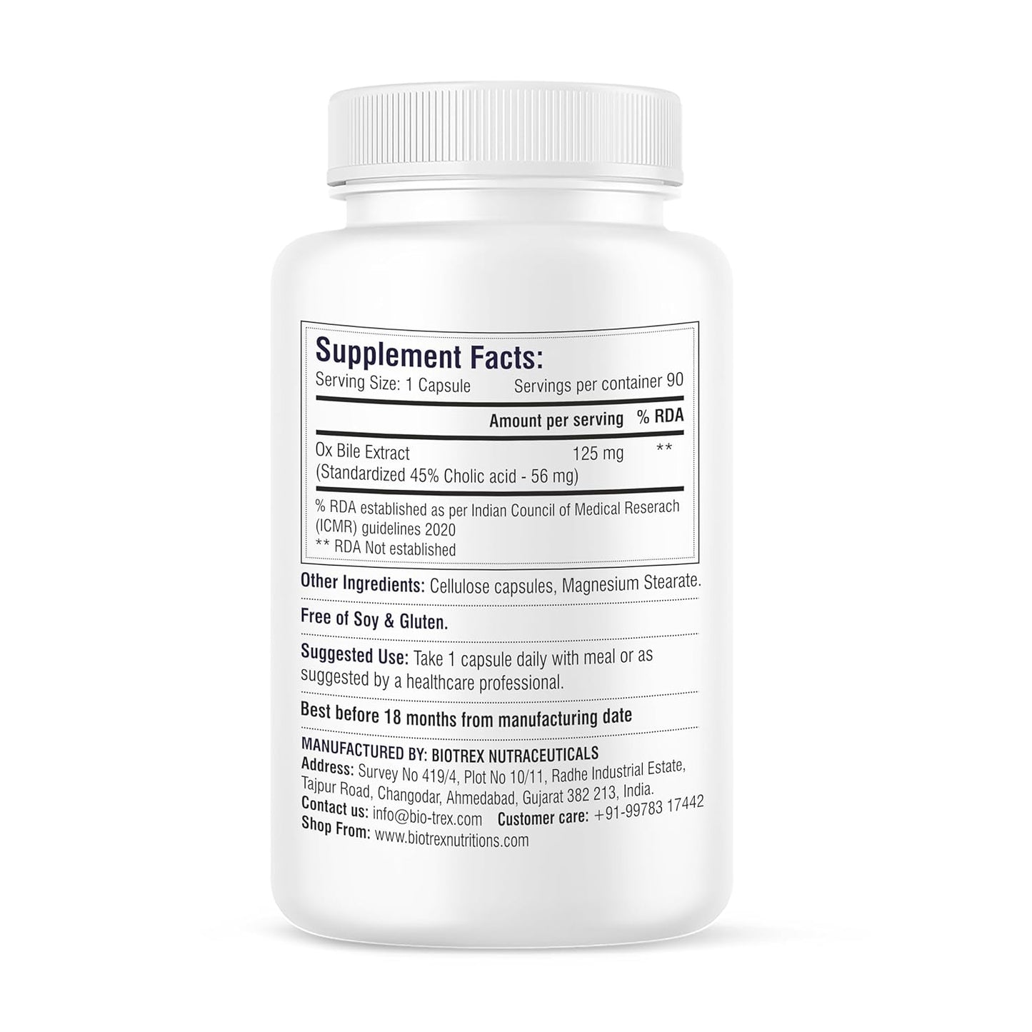 Biotrex Nutraceuticals OX BILE EXTRACT 125mg, 45% CHOLIC ACID, Supports Gallbladder Health & Supports Healthy Digestion, Bile Synthesis Support, (Gluten Free & Non-GMO) - 90 Capsules