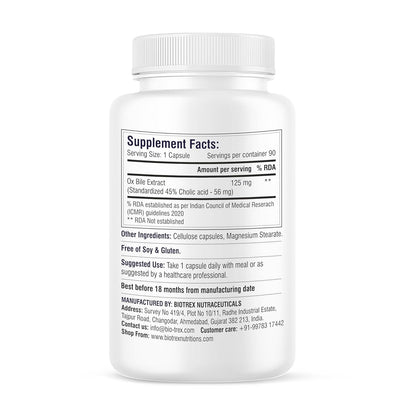 Biotrex Nutraceuticals OX BILE EXTRACT 125mg, 45% CHOLIC ACID, Supports Gallbladder Health & Supports Healthy Digestion, Bile Synthesis Support, (Gluten Free & Non-GMO) - 90 Capsules