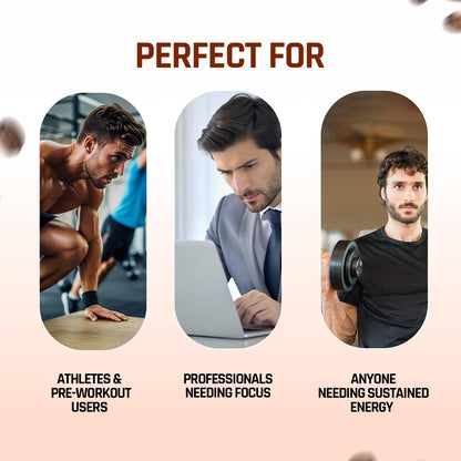 Three men in different settings with text indicating product use for athletes, professionals, and anyone needing sustained energy.