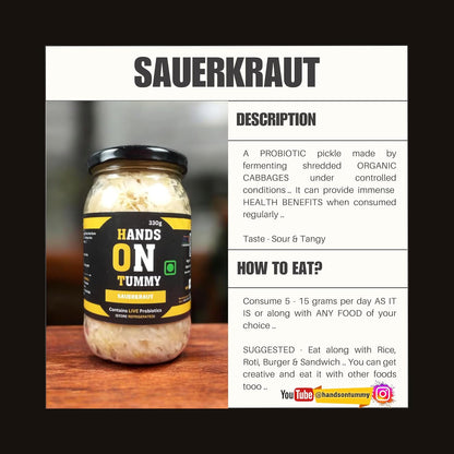Hands On Tummy - Sauerkraut | Fermented Organic Cabbage | Probiotic Pickle For Gut & Overall Wellness | 330 Grams