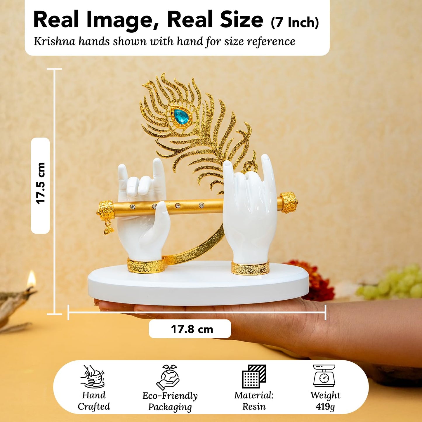 Ekhasa Lord Krishna Hands with Flute Idol (Big Size) | Krishnaji Divine Hands Idol with Flute and Peacock Feather | Krishna Statue for Car Dashboard & Griha Pravesh Gift
