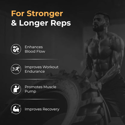 Man lifting a tire with fitness benefits listed on a dark background