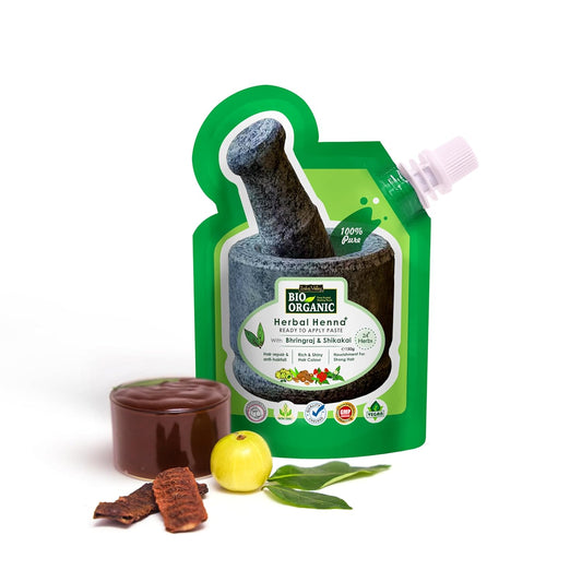Green packaging of Bio Organic Herb Henna with a white background