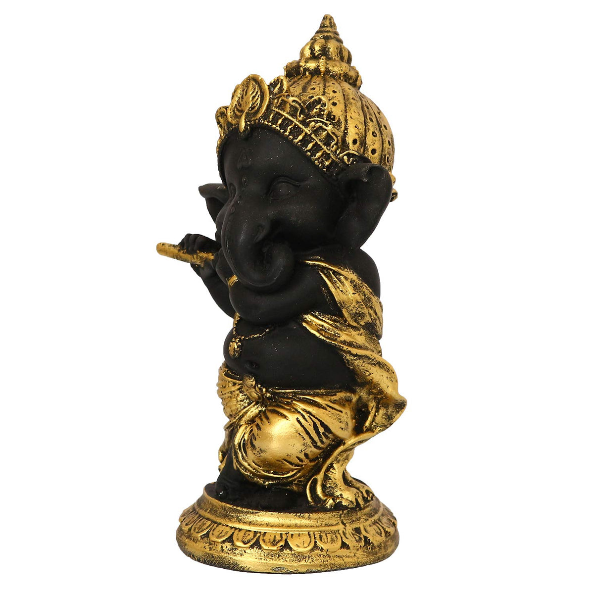 Golden And Black Polyresin Lord Ganesha Idol Playing Flute Musical Instrument Decorative Showpiece - Ideal For Home, Office Decor - Gift For Diwali, Birthday, Ganesh Chaturthi Celebrations