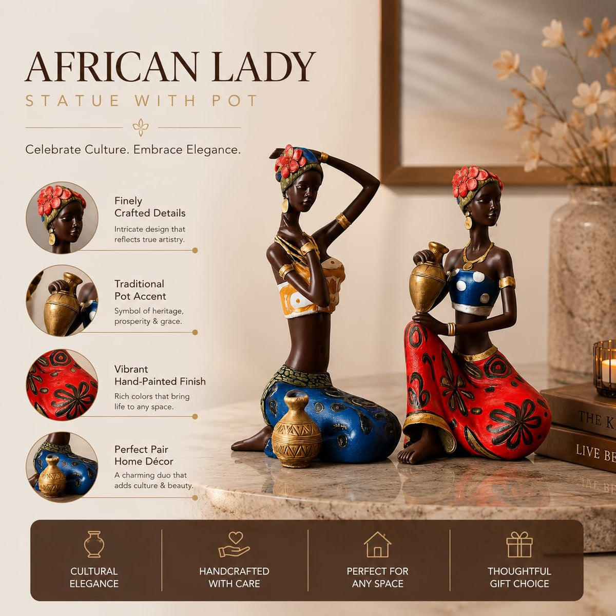African Lady Statue with Pot| Graceful and Cultural Home Décor (Pack of 2, Red, Blue)